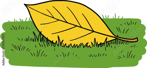 Yellow autumn leaf resting on green grass in hand-drawn style  