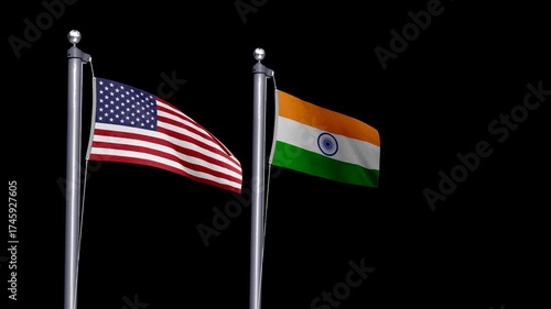 Transparent waving flags of USA and India together, symbolizing technology growth, democracy alliance, and strong diplomatic partnership. Perfect for news, media, and business content.