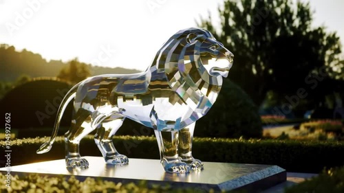 Lion Sculpture Made of Glass, Translucent Artwork and Modern Crystal Animal Statue Concept