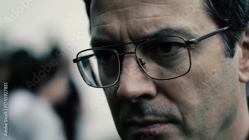 Focused Man with Glasses Intensely Furrowing Brow, Expressing Displeasure and Discontent Amidst Blurred Figures, Highlighting Intense State of Mind