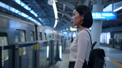 Woman awaits train in city station, blurred transit system & background. Possible for travel ads