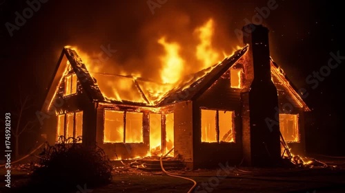 Destroyed House on Fire, Dramatic Scene of Disaster and Destruction