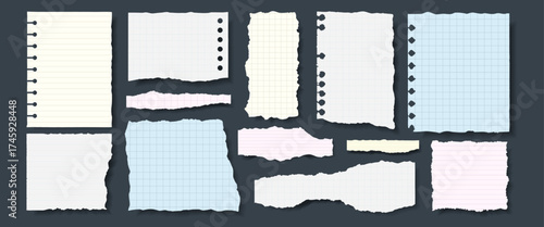 Collection of colorful ripped notebook paper scraps in pastel tones. Includes lined and graph textures for journaling, scrapbooking, school projects, or digital collages.