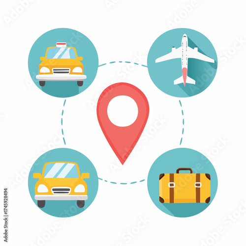Plan your dream vacation with our vibrant travel icons featuring airplane, taxi, rental car, and suitcase, perfect for travel blogs and booking apps