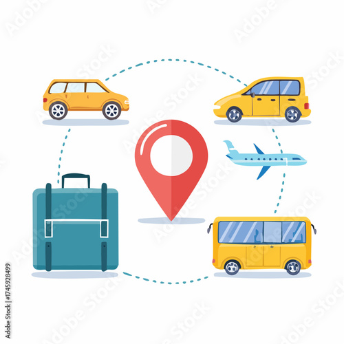 Plan your next adventure with ease connecting transportation options to your destination point featuring car, taxi, airplane, bus, and suitcase