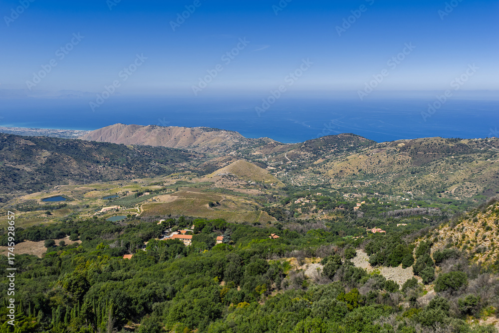 Fototapeta premium Aerial drone view of Gibilmanna historic Christian sanctuary and pilgrimage site in Madonie Natural Park mountains near Cefalu on Pizzo Sant Angelo slope Sicily island southern Italy Europe