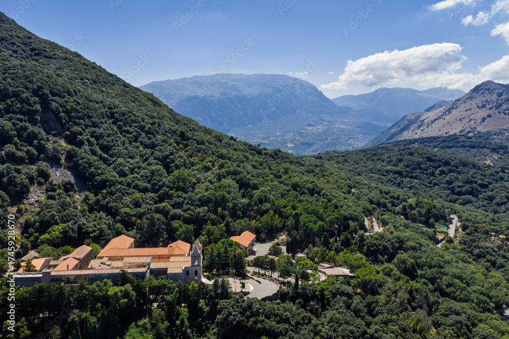 Obraz premium Aerial drone view of Gibilmanna historic Christian sanctuary and pilgrimage site in Madonie Natural Park mountains near Cefalu on Pizzo Sant Angelo slope Sicily island southern Italy Europe