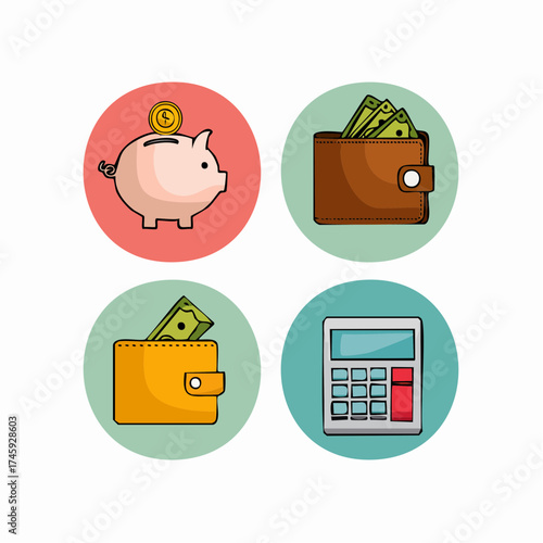 Plan your wealth and savings with this adorable piggy bank, wallets full of cash, and calculator for your financial decisions, all in one place
