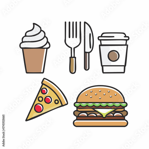Enjoy flavorful delights with a mouthwatering burger, pizza slice, ice cream, and coffee, perfect for restaurant menus and food-themed designs