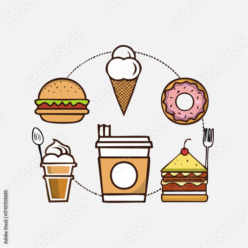 Delicious fast food cravings featuring burger, ice cream, donut, coffee, cake, for a satisfying and tasty lunch, dinner, or snack break, vector art