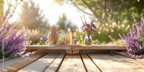 A wooden table with a vase of flowers and a bottle of lavender on it