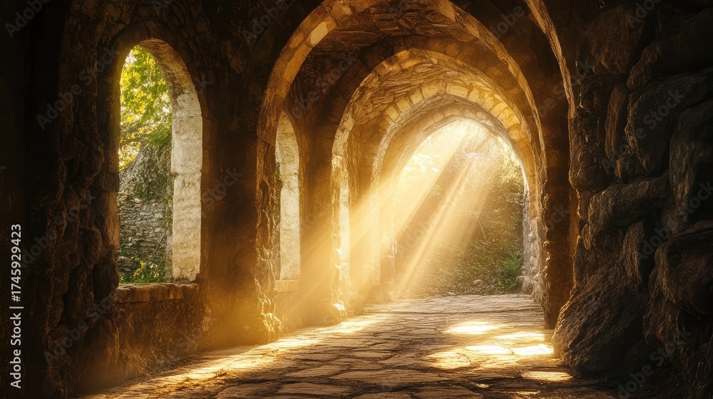 Naklejka premium A tunnel with sunlight shining through the arches
