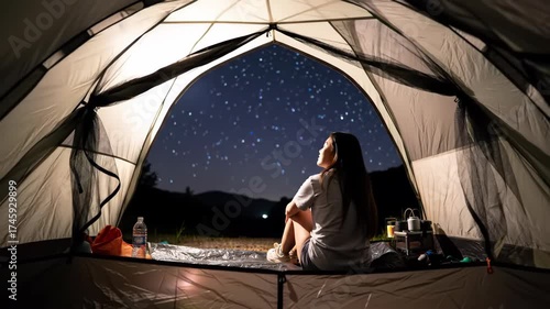 Woman in tent watches starry night sky for relaxation and travel concept