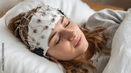 Woman undergoing a sleep study with EEG cap and monitoring equipment in a medical setting