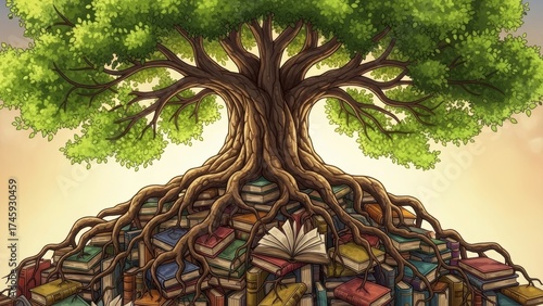 Illustration of a large tree with its roots growing in a pile of books.