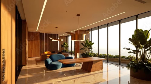 Elegant Modern Office Interior with Designer Furniture and Natural Light.