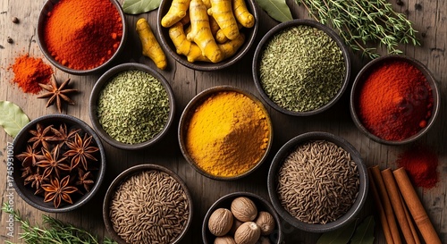 Fototapeta Naklejka Na Ścianę i Meble -  Colorful spice bowls overhead on rustic wooden background with healthy cooking concept.