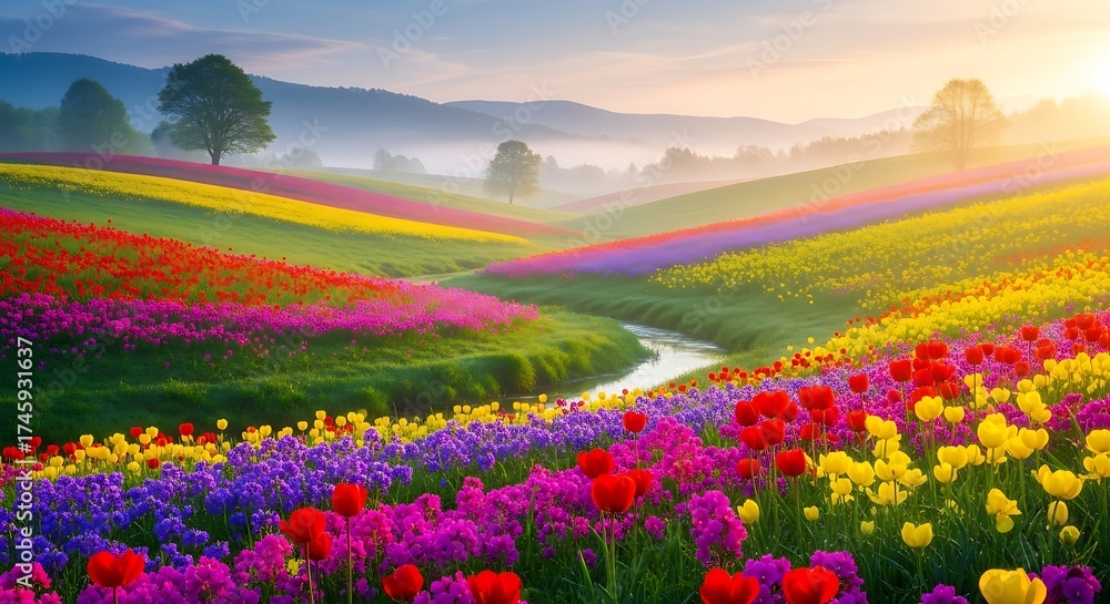 Obraz premium Colorful tulip fields in bloom with stream flowing through a vibrant spring landscape at sunrise.