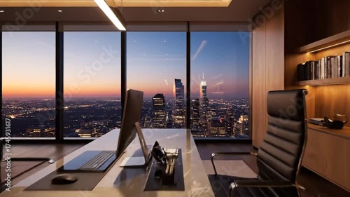 Executive Suite in a Skyscraper Overlooking the City at Dusk.