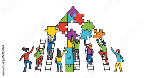 teamwork building diverse team collaborating to construct a house of jigsaw puzzles on ladders against white symbolizing cooperation and problem-solving