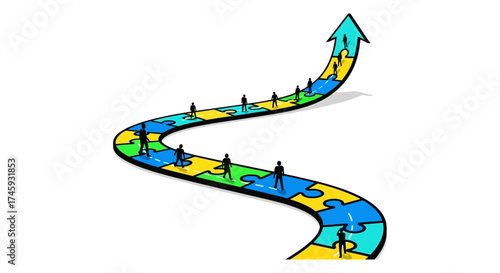 teamwork puzzle path to success people walking forward on a connected upward-trending jigsaw road symbolizing collaboration and future goals.