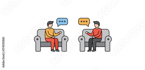 therapy session two people sitting on sofas in a counseling session exchanging thoughts and feelings for mental health and relationship help
