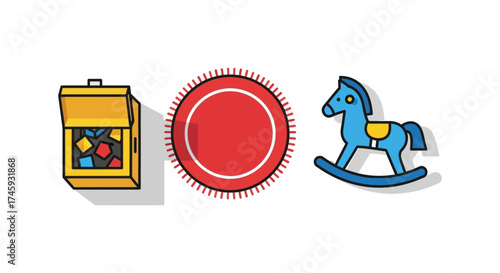 Toys for kids A treasure chest a colorful rug and a rocking horse perfect for illustrating childhood joy playroom design or early learning concepts.