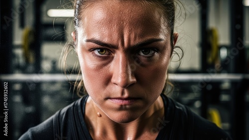 An intense, sweaty, close-up portrait of a determined woman in a gym.