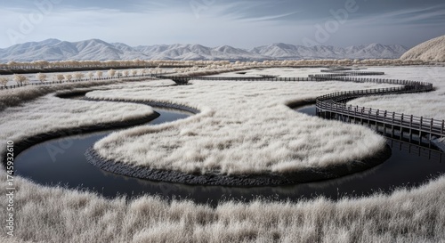 Frozen wetland landscape with meandering river channels wooden boardwalks and snow covered mountains in winter wilderness area