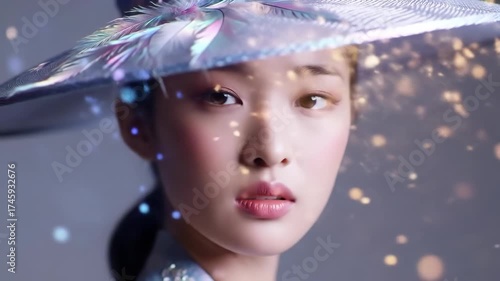Woman wears hat, close up, portrait, with bokeh background, suitable for beauty products