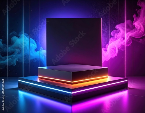 Futuristic Neon Stage with Glowing Rectangular Structure and Colorful Smoke Effect Backdrop