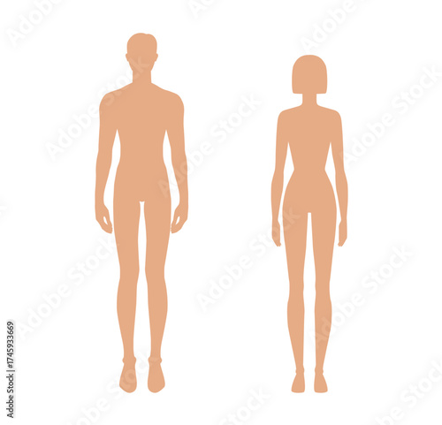 Male and Female body silhouettes Tan beige skin color diversity shades front view vector set. Inclusive beauty human anatomy template, multicultural variation, man women different art, fashion concept
