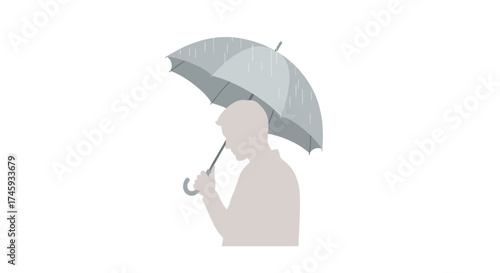 A person's silhouette holding an open umbrella in the rain, side profile.