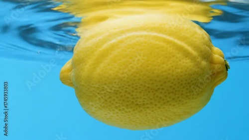 Yellow lemon fruit underwater, submerged, with bright blue water background. Can be used for health, food, & refreshment themes