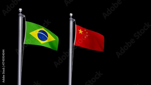 Transparent animation of Brazil and China flags symbolizing BRICS trade, global agriculture, and economic relations.