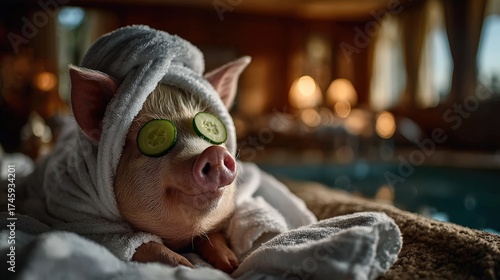This delightful image showcases a relaxed pig enjoying the spa experience, adorned with cucumbers on its eyes, wrapped in a towel, amidst an inviting atmosphere of luxury and comfort.