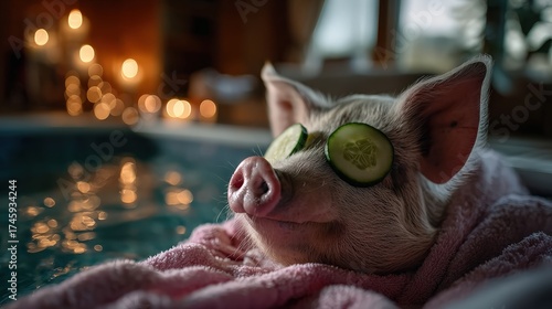The image captures an adorable pig in a cozy spa environment, sporting cucumbers on its eyes, evoking a sense of relaxation and delight in a charming and playful atmosphere.