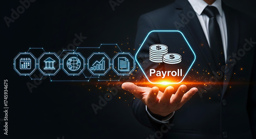 Streamline payroll processes with modern automated solutions presented by a confident professional, simplifying complex financial tasks effortlessly