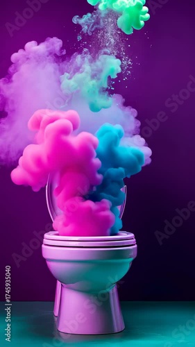 Vibrant colored smoke explodes from toilet against purple background