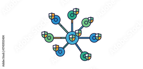 secure network connecting multiple nodes protecting data with a decentralized system perfect for illustrating cybersecurity or blockchain tech.