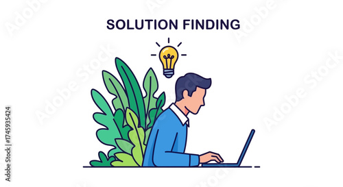 solution finding man working on a laptop amidst plants an idea bulb shining above ideal for illustrating innovation and problem-solving skills.