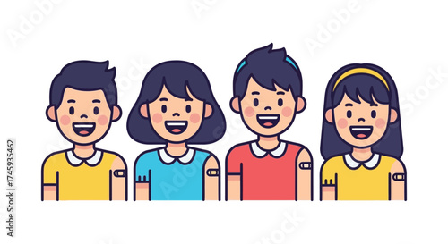 Vaccinated children with bandages on their arms smiling with healthy immunity promoting child health vaccine awareness and pediatric wellness.