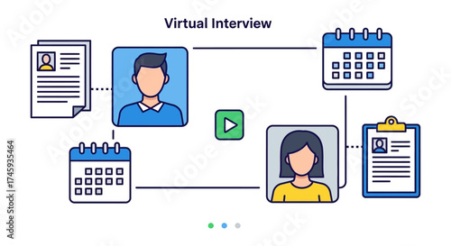 Virtual interview man and woman connected through video conference scheduling meeting for successful recruitment and human resources process.