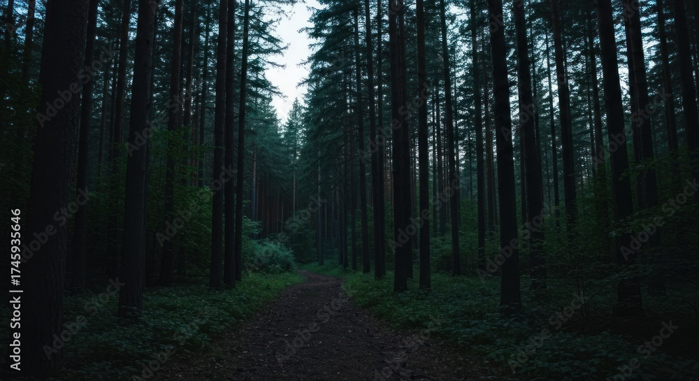 Obraz premium Path through a dark, dense forest. Tall pines line a narrow dirt trail. Soft light filters through the canopy