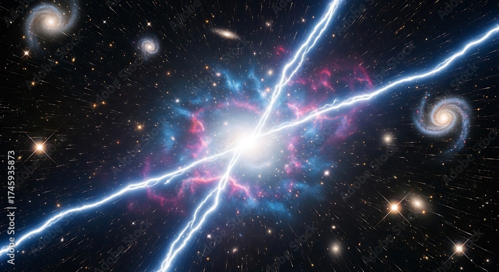 Obraz premium Cosmic Energy Powerful Light and Energy Lightning Bursting Through Space with Universe.
