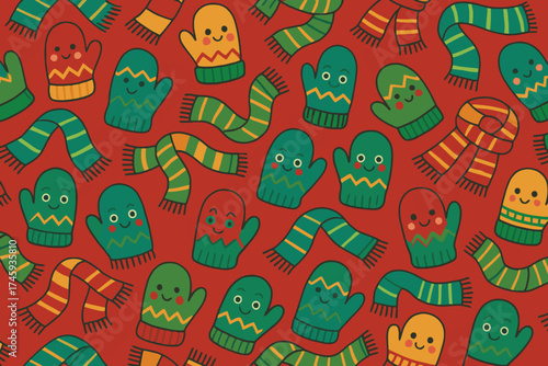Cute cartoon mittens and striped scarves in festive holiday colors on a red background