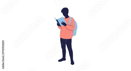 Illustration of a student reading a book while standing.