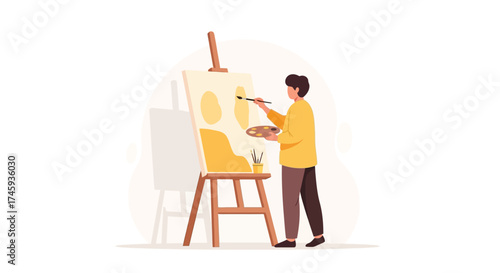 A person painting an abstract artwork on a canvas on an easel.