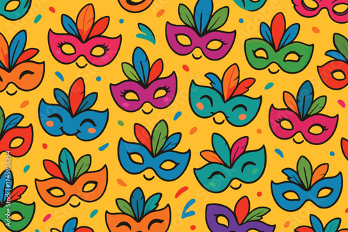 Vibrant seamless pattern of colorful carnival masks with feathers and confetti on a yellow background