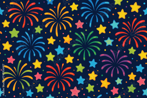Vibrant colorful fireworks exploding in a starry night sky pattern for celebrations